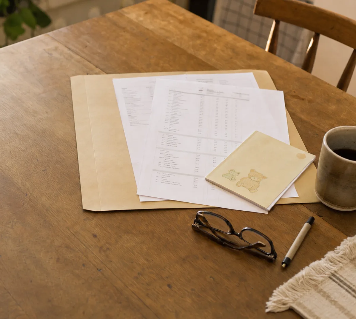 Pasta de papel aberta sobre a mesa de casa com exames impressos e a caderneta de vacinação